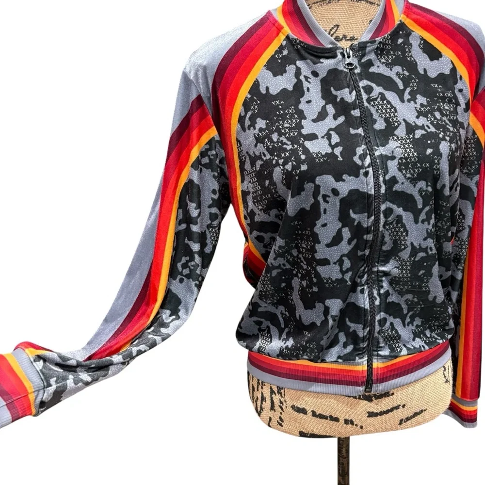 Lucky in Love Velvet Camo Jacket Black Grey Stripe Full Zip Size Medium Tennis - Picture 4 of 9